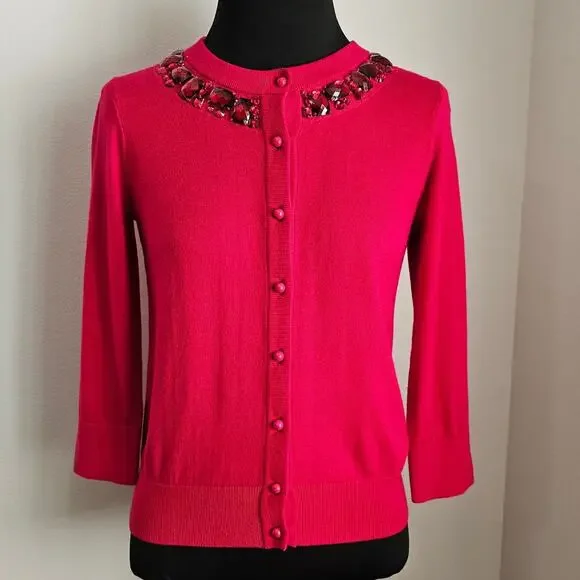Kate Spade Pink Cotton Wool Rabbit Hair Jeweled Beaded Neck Cardigan Sweater XS