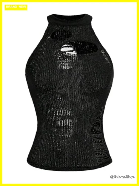 Ripped Crochet Halter Top Slim Fit Cut Out Summer Gothic