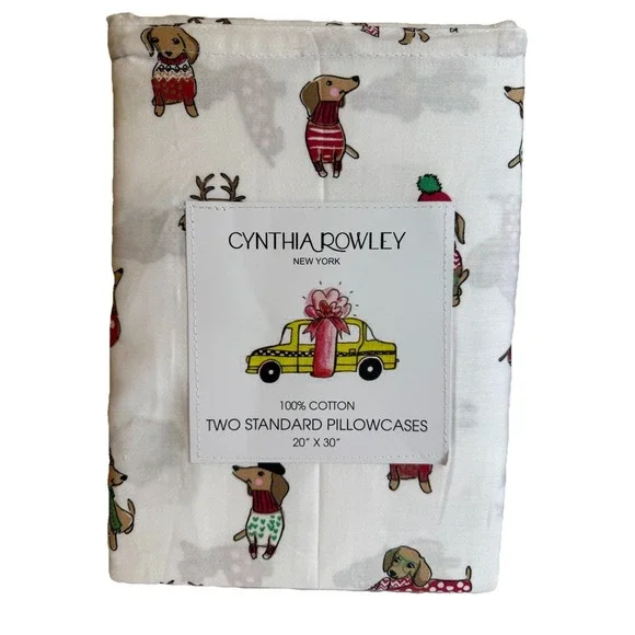 Cynthia Rowley 2 Pillowcase‎ Set Holiday Dachshund Doxie Weiner Dog 100% Cotton