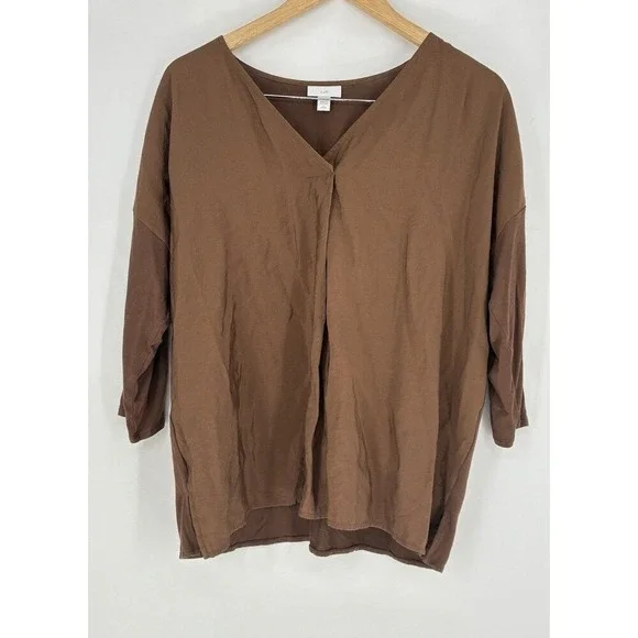 J. Jill Mixed Media V-Neck Top Womens‎ L Petite Brown Tencel Knit Casual Blouse