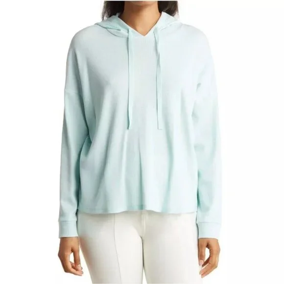 Eileen Fisher Womens XL Cozy Waffle Knit Hooded Top Boxy Fit Pullover‎ Mint