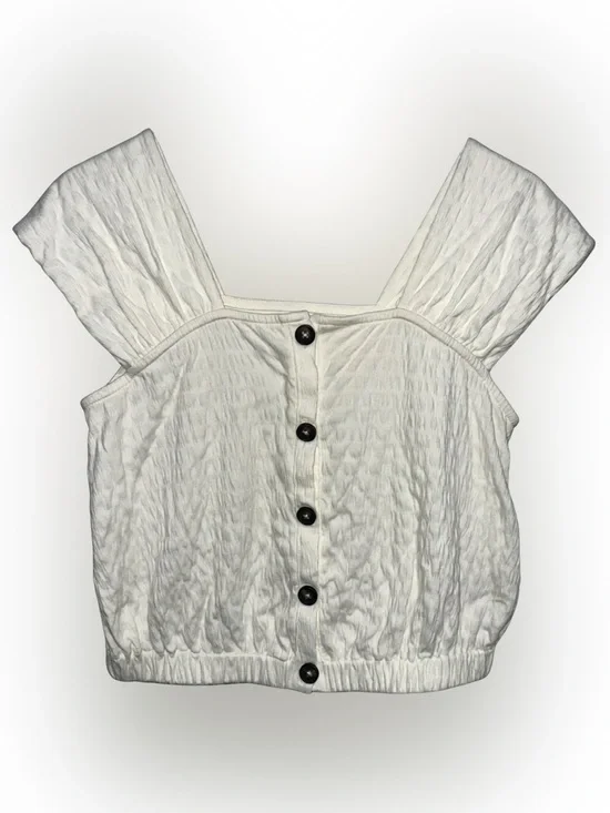 Women's White Textured Button Front Square Neck Crop Top