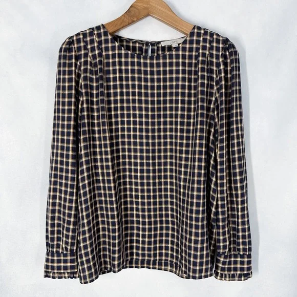 LOFT Long Sleeve Plaid Navy Blue Gold Metallic Blouse Women's Size Large
