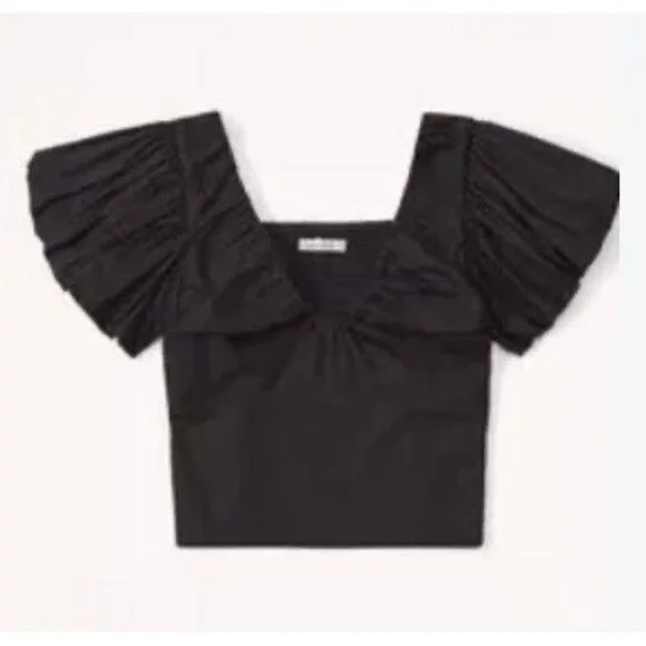 Abercrombie & Fitch Black Puff Sleeve Babydoll Top L Cropped Smocked Coquette
