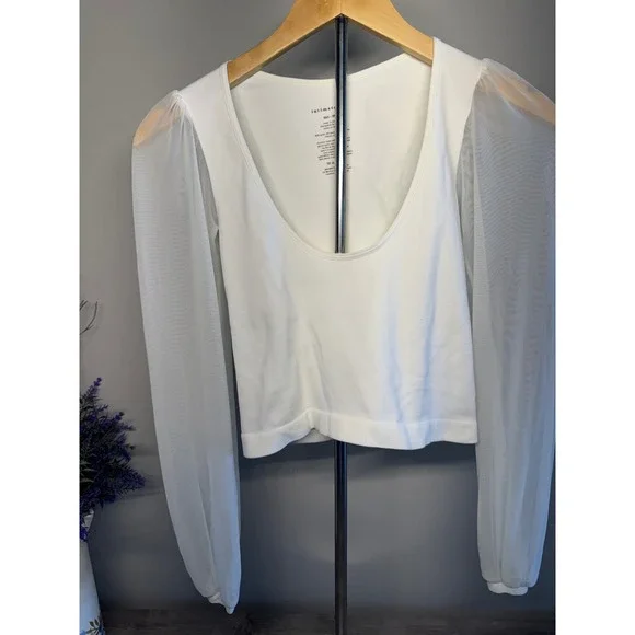 Intimately Free People White Ribbed Mesh Puff Sleeve Scoop Neck Top XS/S