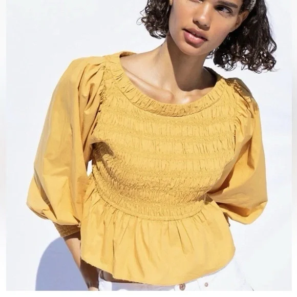Free People Mustard Smocked Peplum Puff Sleeve Top