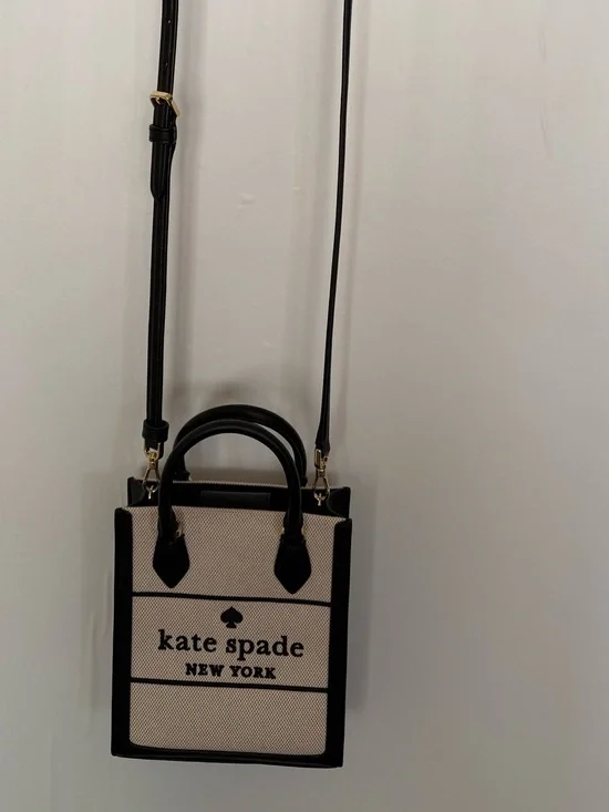 Kate Spade Ellie Canvas Black & Cream Mini Crossbody Tote Bag EUC