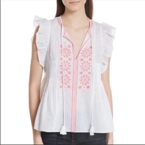 Kate Spade White Pink Embroidered Tassel Ruffle Cotton Blouse Medium Boho Chic