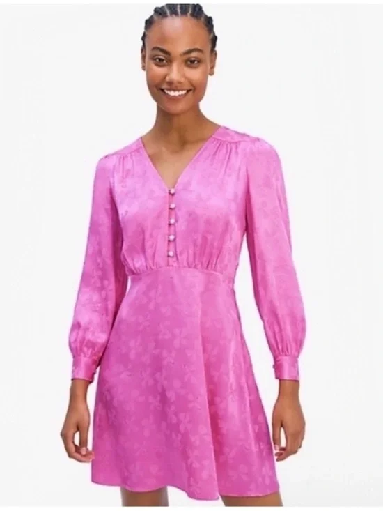 Kate Spade Pink Long-Sleeve V-Neck Jewel Button Dress Size 2 EUC