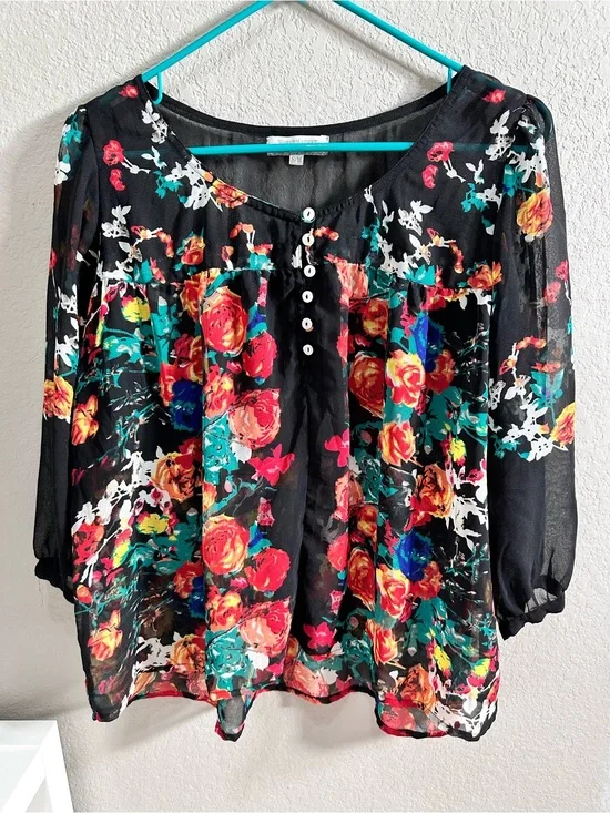 World Market Black Floral Sheer Peasant Blouse Size S/M Boho Cottagecore‎