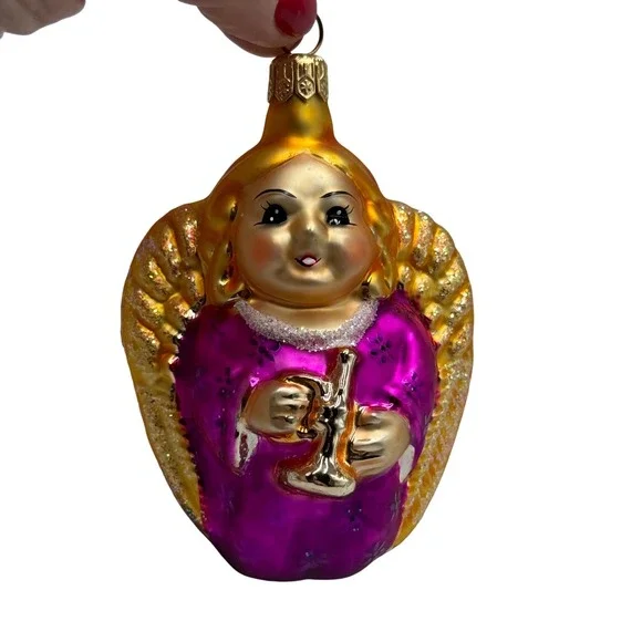 Vintage Glass‎ Angel Christmas Ornament Trumpet Purple Gold West Germany