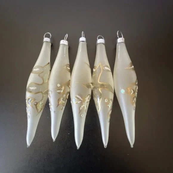 Vtg Bradford Christmas Ornaments Frosted Glass Gold‎ Icicle Tear Drop Lot 5