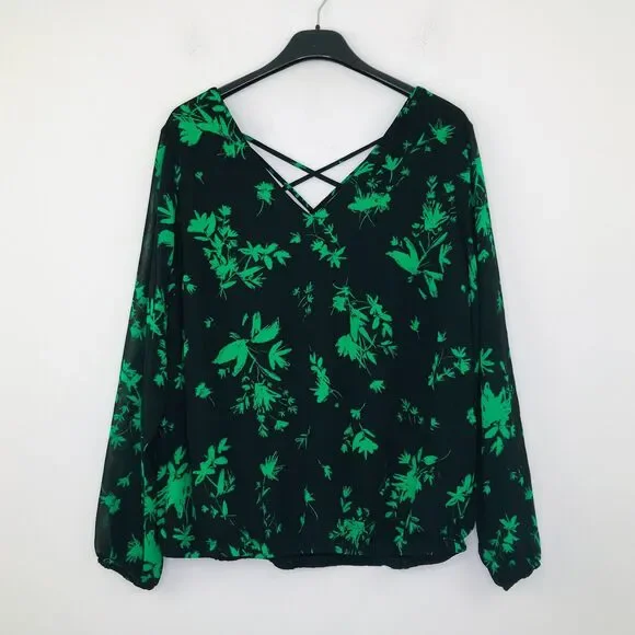 Torrid Women's 0 (Large) Blouse Black Green Floral Print Chiffon Crossback CM28