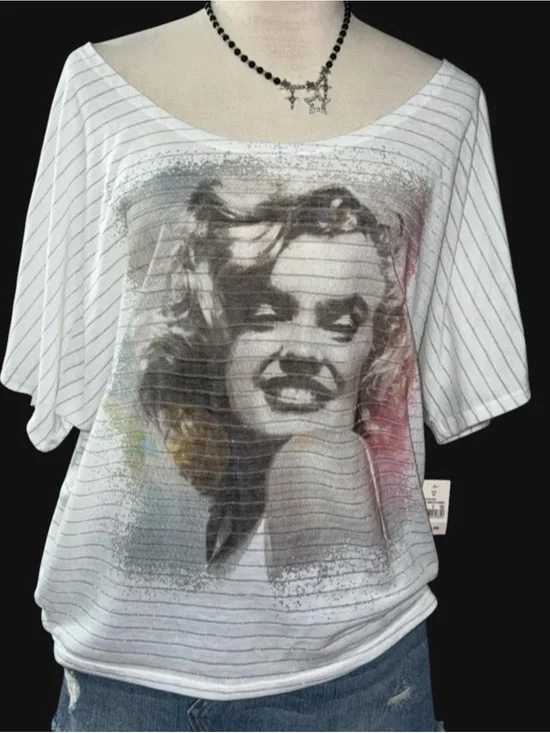 Marilyn Monroe White Short Sleeve Photo-Print Top with Subtle Multicolor Accents