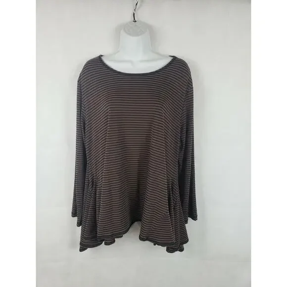 Sophia NYC Made in USA XL Stretch Top Black/Brown Stripes Lagenlook‎ Ruffled