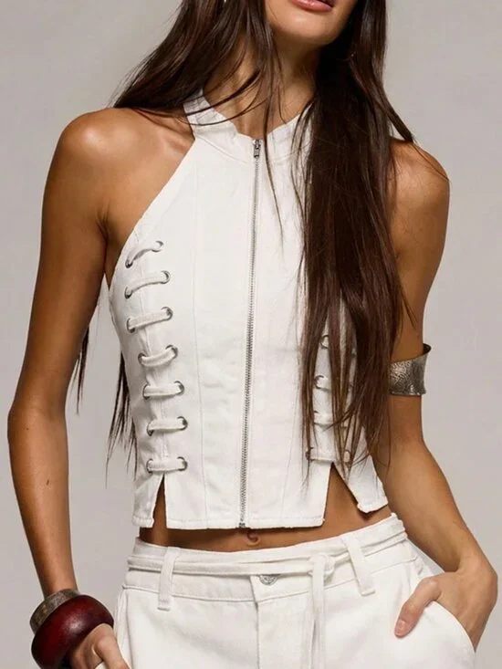 White Casual Women's High Neck Eyelet Lace-Up Fitted Longline Denim Top