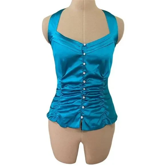 Y2K NWT Poetry blue halter top with button front and ruched details, size M.