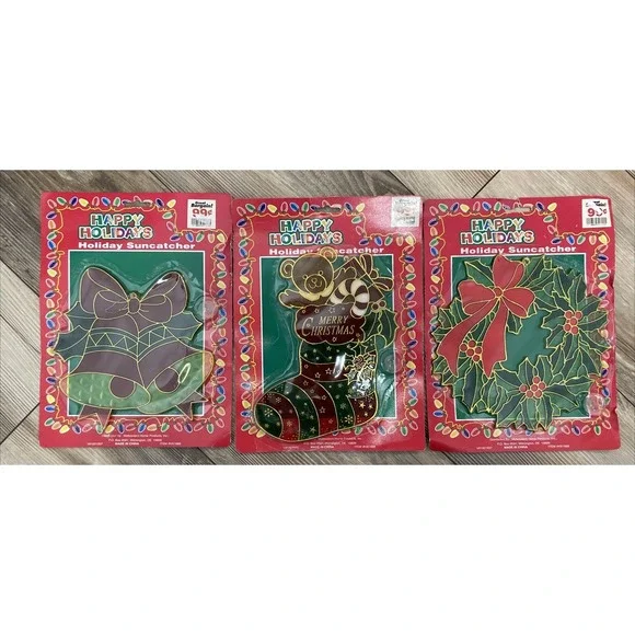Vintage Happy Holidays Plastic Christmas Stained Glass-Lot of 3-Wreath-Stocking‎