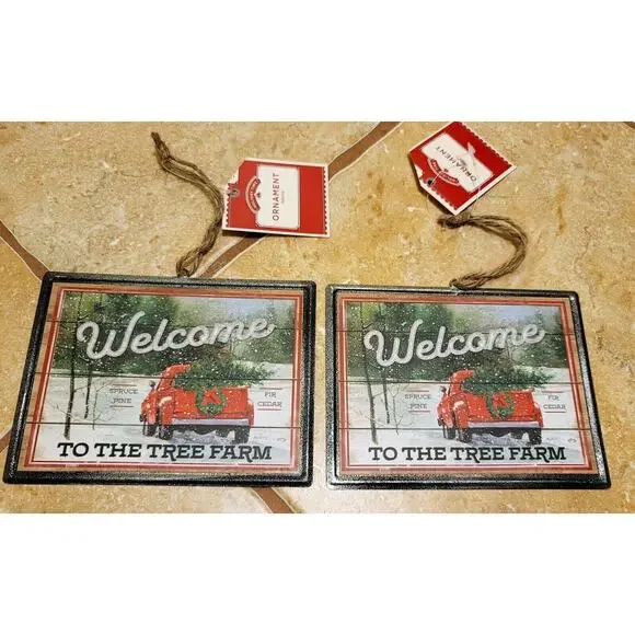 New HOLIDAY TIME Set of 2 Ornaments Tin Vintage Look - Red Truck Welcome 5.75