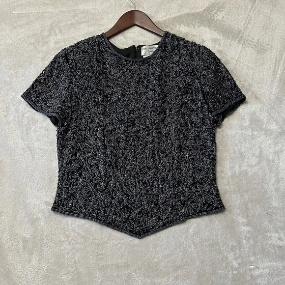 Adrianna Papell Silk‎ Top Formal Black Beaded Medium Embellished Zip Fairy Goth