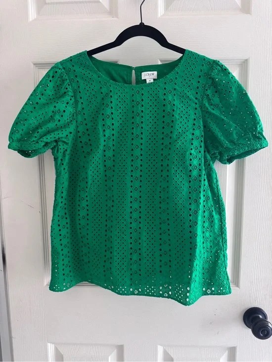 J. Crew Green Eyelet Puff-Sleeve Blouse