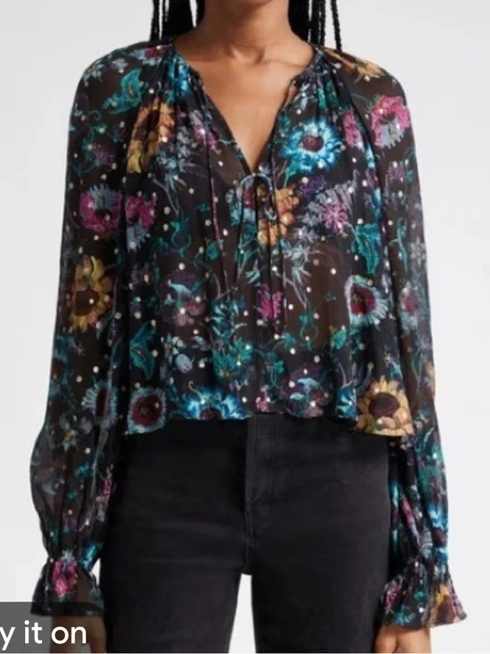 Ulla Johnson Bernadette Silk Blouse Black floral Iris Print size 2