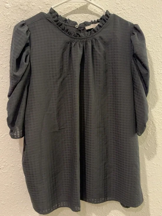 LOFT Black Ruffled Neck Puff Sleeve Tunic