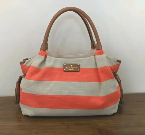 Kate Spade Jubilee Stripe Stevie Shoulder Bag Orange/Khaki Canvas EUC