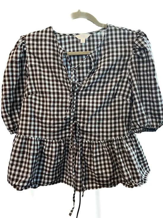 Time and Tru Gingham Peplum Tie Front Blouse Brown White Size S 4-6