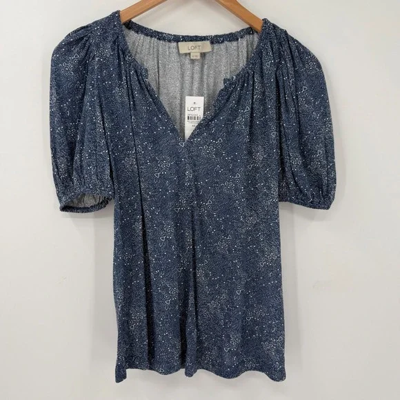 NWT LOFT‎ Blue Paisley Puff Sleeve Split Neck Rayon Top Women XS Boho