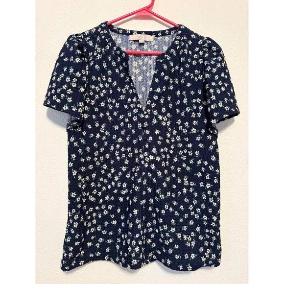 LOFT Ann Taylor Navy Blue Floral V-Neck Short Sleeve Textured Blouse Top Small