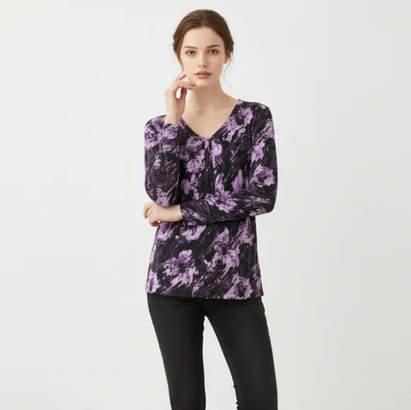 Apt. 9 Purple and Black Floral Long Sleeve Top