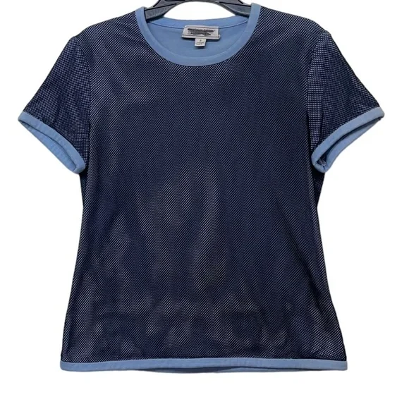 St. John Sport Blue Black Mesh Tee Shirt Size Petite Classic Designer Neutral‎