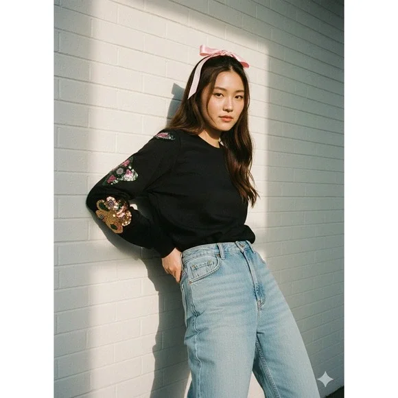 Y2K Sequin Floral Patchwork Sweatshirt S • Coquette Fairycore Black‎ Pullover
