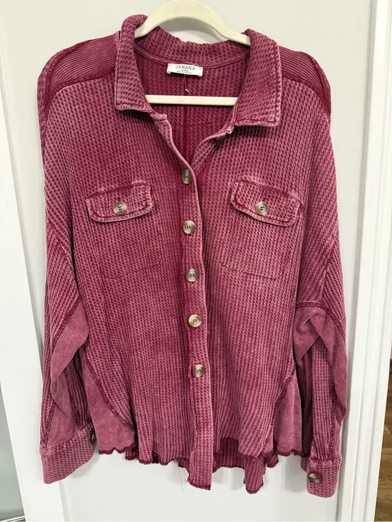 Zenana Acid Wash Waffle Knit Oversized Shacket L/XL Burgundy 100% Cotton NWOT