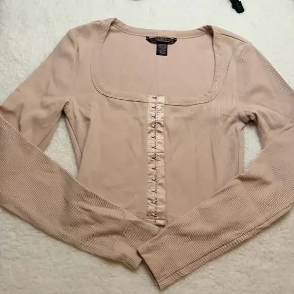 Victoria's Secret Long Sleeve Corset Top Size S/P Beige Ribbed