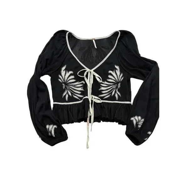 Free People Black Embroidered Tie‎ Front Peplum Crop Top Small Boho Puff Sleeve