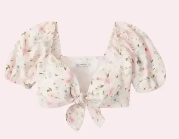 ABERCROMBIE & FITCH Women's MEDIUM Cropped Top Ditsy Floral Linen Puff Sleeve