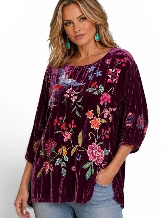 Johnny Was Nikkola heavily embroidered Purple Velvet Boatneck Blouse NWT