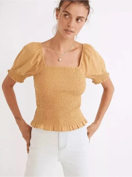 Madewell Lucie Mustard Smocked Square-Neck Puff Sleeve Top
