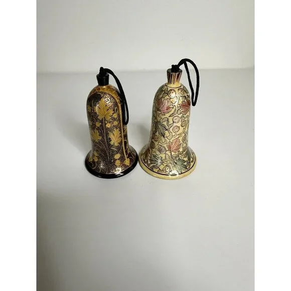 Set of 2 Vintage Decorative Bells Floral Design Gold Black Multicolor‎ Ornate