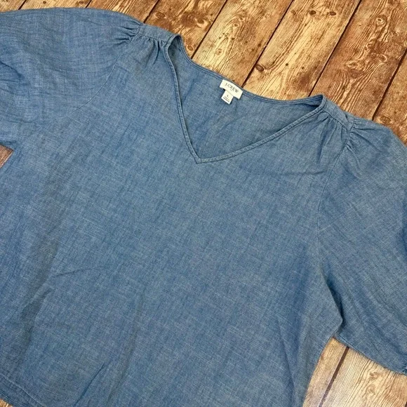 J.Crew V-Neck Puff Sleeve Blouse Womens Large Blue Chambray Cotton Top