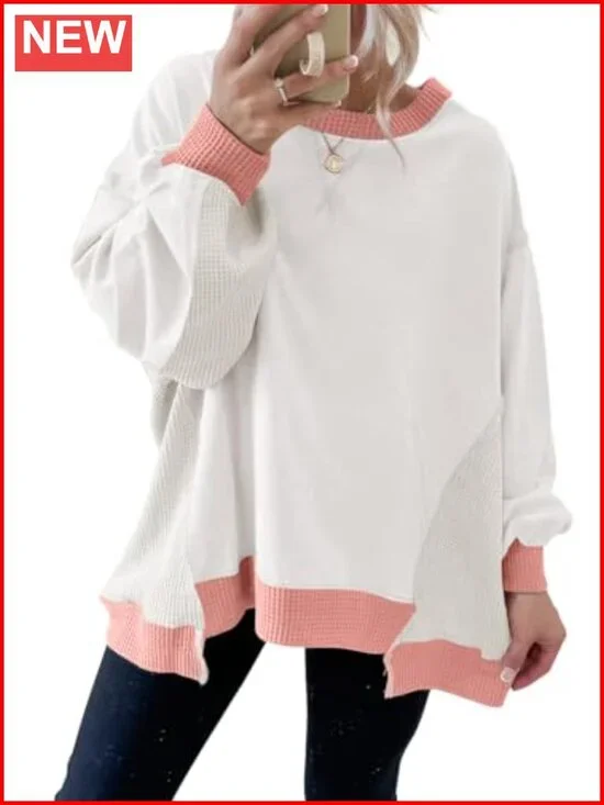 Waffle Knit Color Block Oversized Sweatshirt Crew Neck Pullover