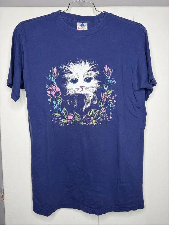 Adidas Women Navy Blue White Cat Floral Graphic Tee Size XL Vintage Grandmacore