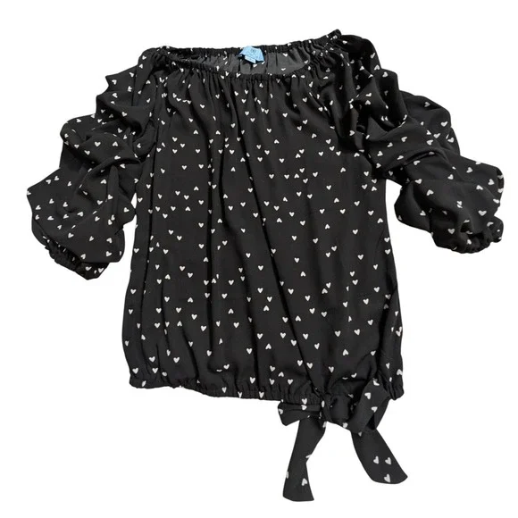 CeCe Women's M Black Heart Print Off Shoulder Ruffle Sleeve Blouse