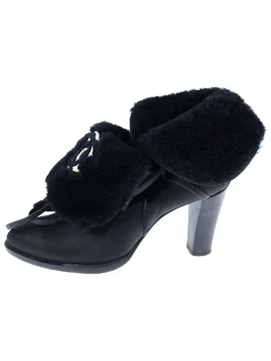 Chanel CC Logo Boots CC Fur Paneled Leather Heels Black