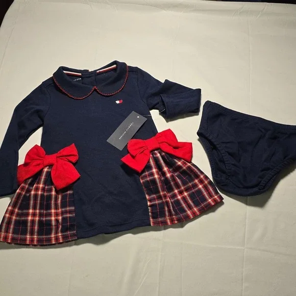 Tommy Hilfiger Baby Girl 18m Navy Plaid Bow Dress Set with‎ Diaper Cover NWT