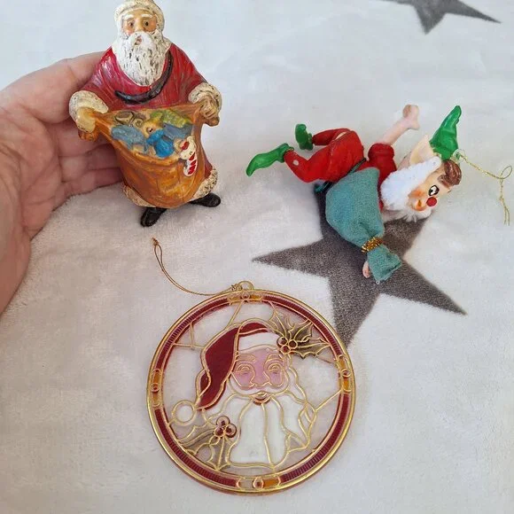 Lot of‎ 3 Santa & Elf Vintage Christmas Ornaments Hong Kong, Felt China