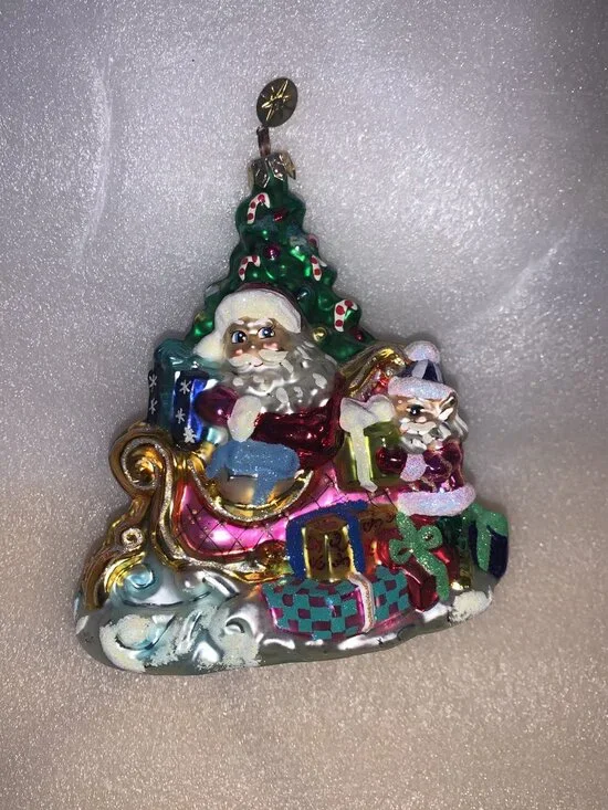 VINTAGE CHRISTOPHER RADKO CHRISTMAS TREE GLASS ORNAMENT Trim a Tree-O Sleigh