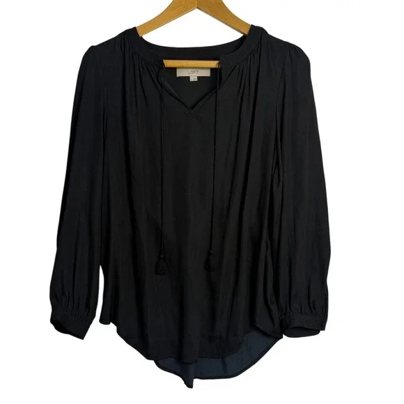 LOFT Women Black Long Sleeve Tassel Tie V-Neck Boho Blouse Top Size‎ S